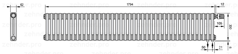 Схема (чертеж) Радиатор Zehnder Charleston 2030/39 №V002 Белый глянцевый RAL 9016